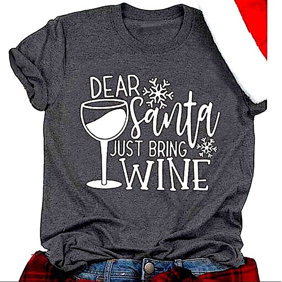 Dear Santa Just Bring the Wine - Christmas Short Sleeve Tshirt Large T-shirt - Picture 3 of 5
